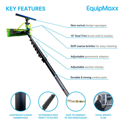 Key features infographic of the 40ft Carbon Water Fed Pole with Squeegee.
