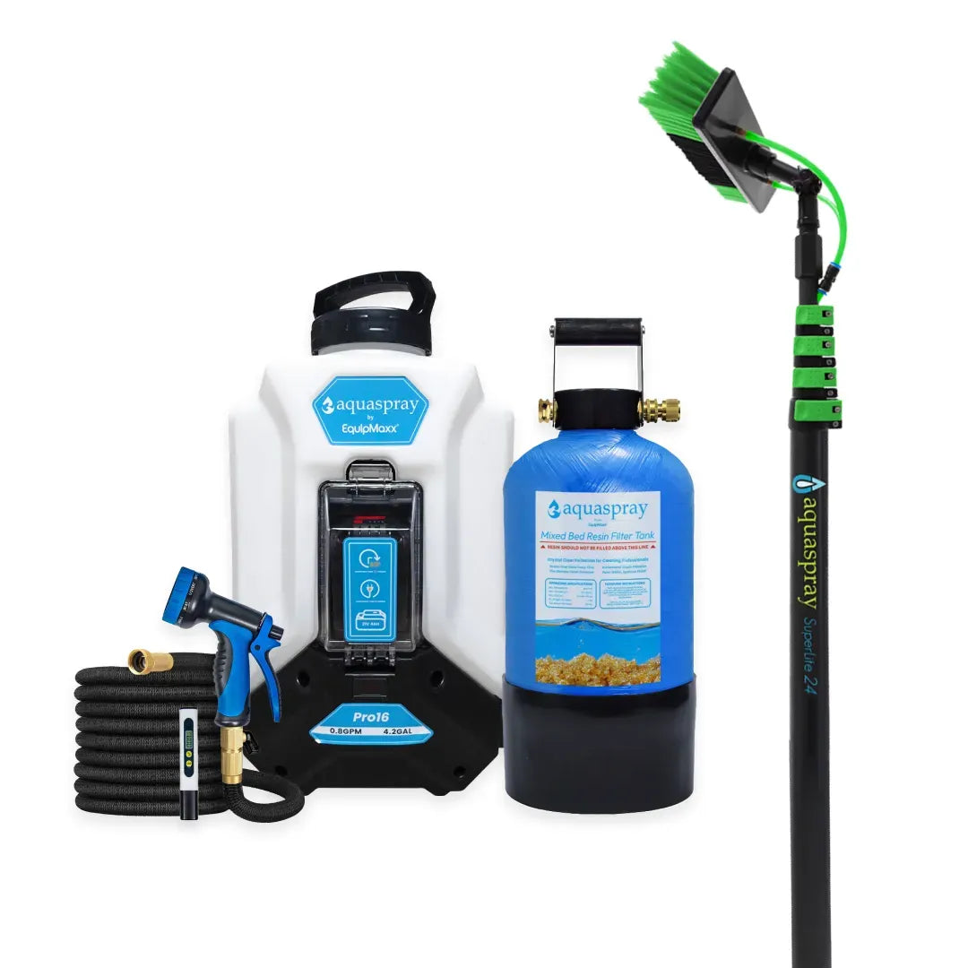 AquaSpray 4.2 Gallon Pro16 Backpack Water Tank & Pump and DI Resin Tank for Waterfed Pole for Window and Solar Panel Cleaning