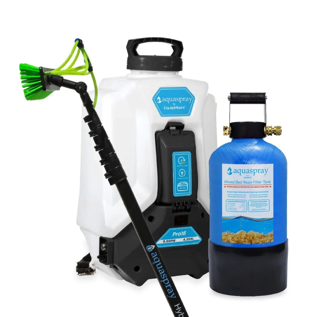AquaSpray 4.2 Gallon Pro16 Backpack Water Tank & Pump and DI Resin Tank for Waterfed Pole for Window and Solar Panel Cleaning