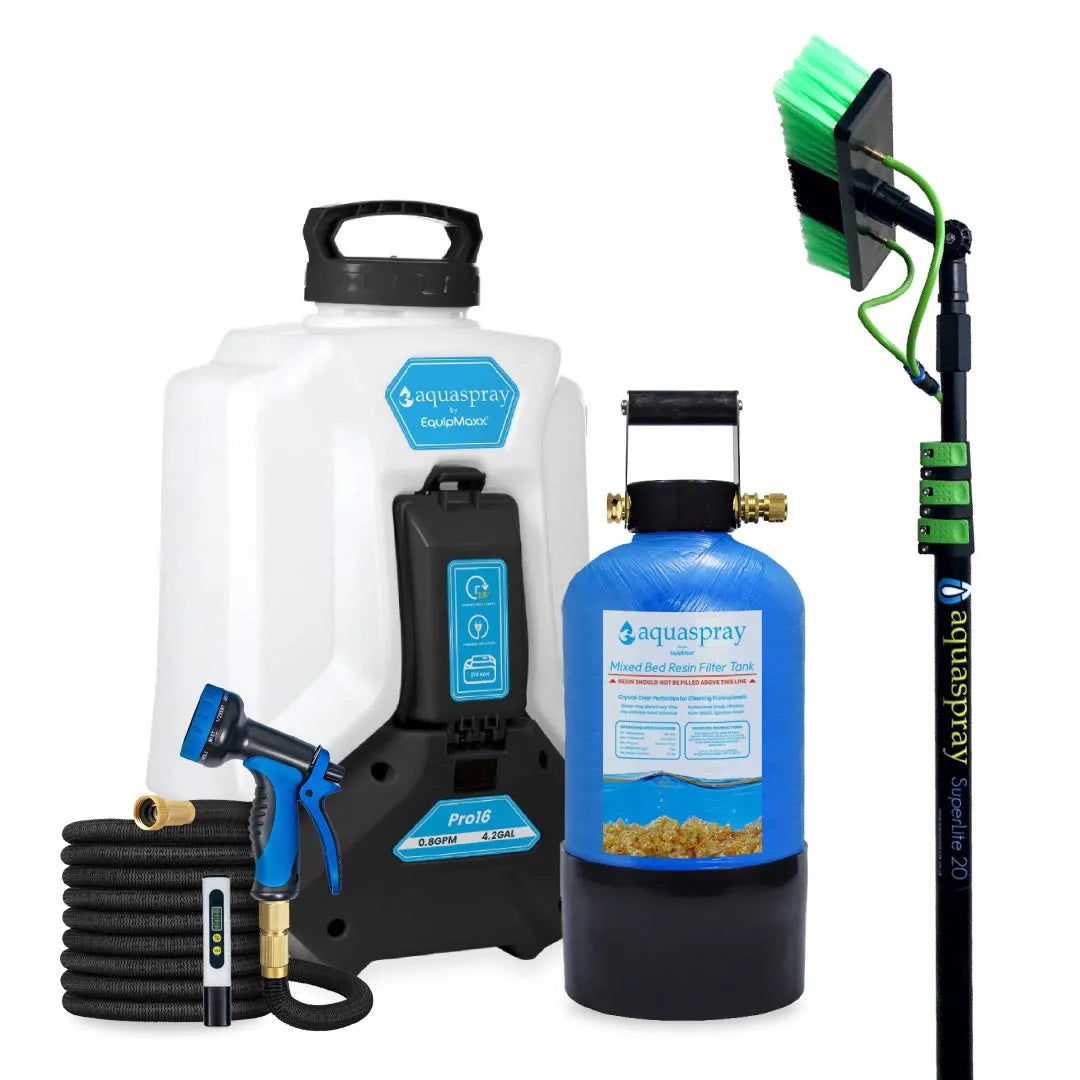 AquaSpray 4.2 Gallon Pro16 Backpack Water Tank & Pump and DI Resin Tank for Waterfed Pole for Window and Solar Panel Cleaning