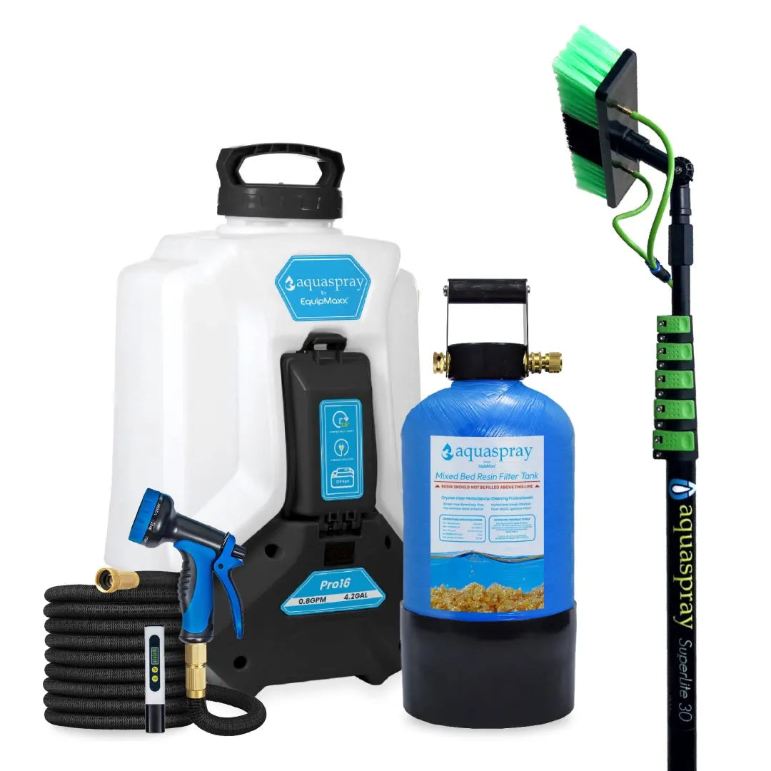 AquaSpray 4.2 Gallon Pro16 Backpack Water Tank & Pump and DI Resin Tank for Waterfed Pole for Window and Solar Panel Cleaning