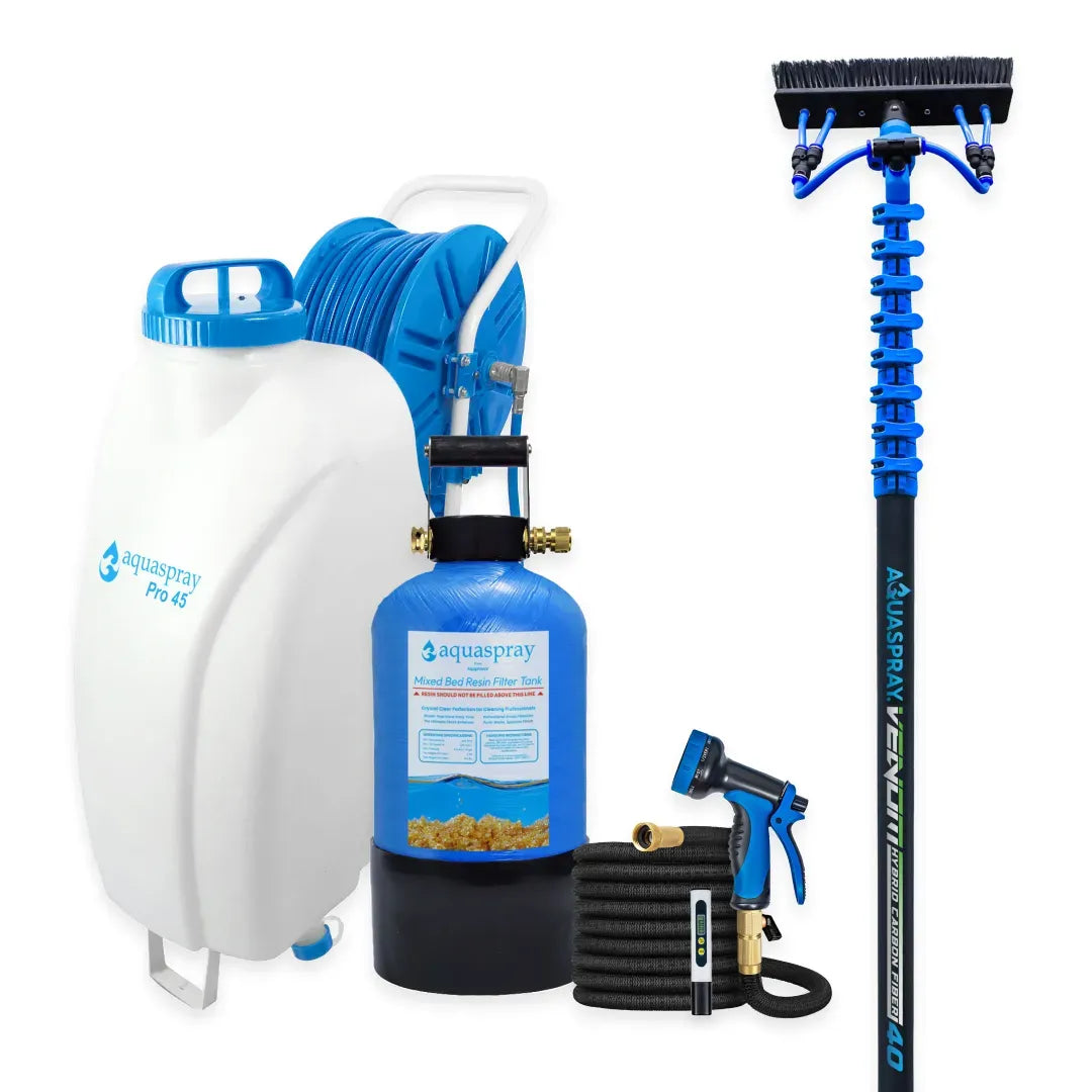 AquaSpray Pro45 12 Gallon Rolling Water Tank, 3 Gallon Resin Tank and Venom Water Fed Pole for Window and Solar Panel Cleaning