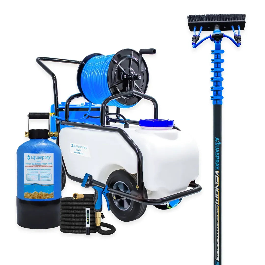 AquaSpray Pro60 16 Gallon Rolling Water Tank, 3 Gallon Resin Tank and Venom Water Fed Pole for Window and Solar Panel Cleaning