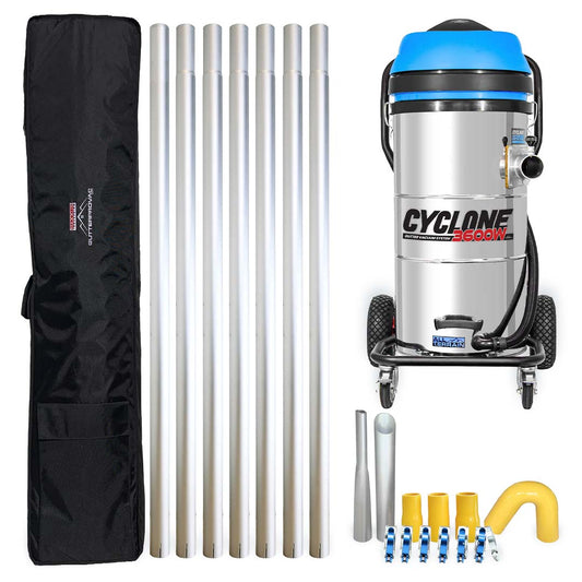 3600W Cyclone II Stainless Steel Gutter Vacuum - 27 Gallon Capacity with 28 foot Aluminum Poles and Storage Bag