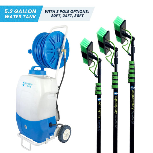 AquaSpray Pro20 product bundle, featuring an 5.2-gallon portable water tank and a three water fed poles options, 20ft, 24ft, 30ft.