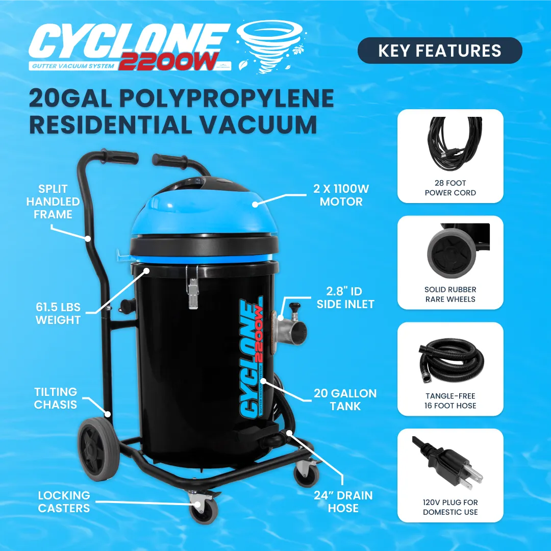20 Gallon Cyclone 2200W Polypropylene Domestic Gutter Vacuum with 28 Foot Aluminum Gutter Poles, and Bag