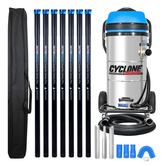 27 Gallon Cyclone II Stainless Steel Gutter Vacuum - 3600W with 28 Foot Carbon Clamping Poles & Bag