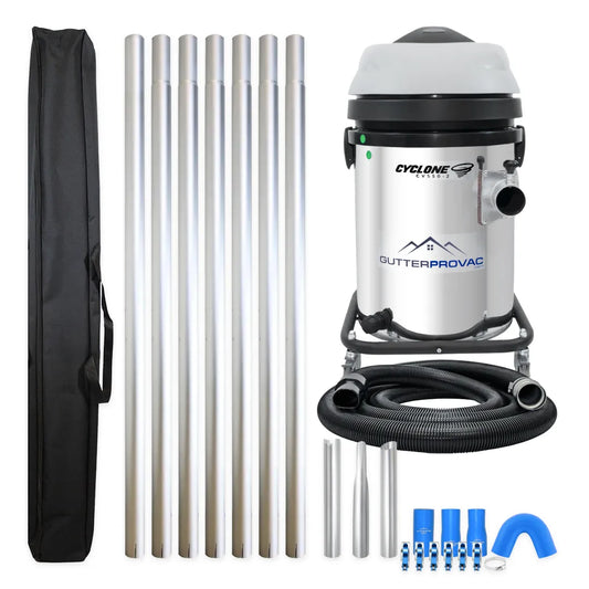 13 Gallon Cyclone 2200W Stainless Steel Domestic Gutter Vacuum with 28 Foot Aluminum Gutter Poles, and Bag
