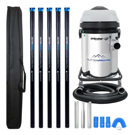 13 Gallon Cyclone 2200W Stainless Steel Domestic Gutter Vacuum with 20 Foot Carbon Fiber Clamping Poles and Bag