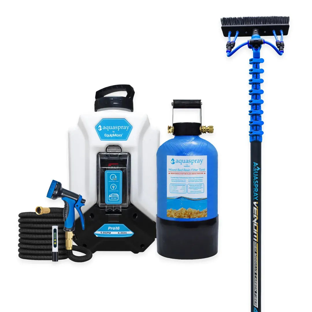 AquaSpray Pro16 4.2 Gallon Backpack Water Tank, 3 Gallon Resin Tank and Venom Water Fed Pole for Window and Solar Panel Cleaning
