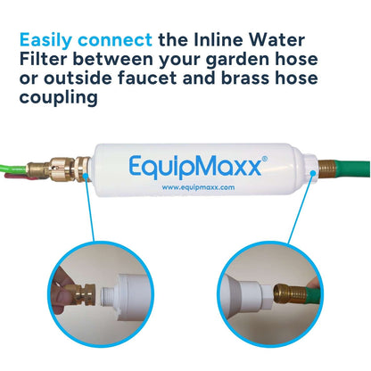 Easy connect infographic of Inline water filter connected to a green hose and brass coupling, with close-ups of easy faucet and hose connections.
