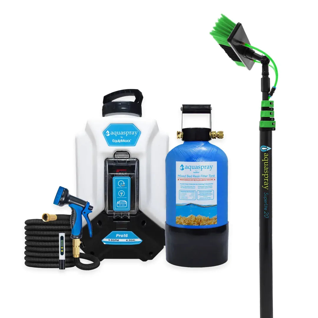 AquaSpray 4.2 Gallon Pro16 Backpack Water Tank & Pump and DI Resin Tank for Waterfed Pole for Window and Solar Panel Cleaning