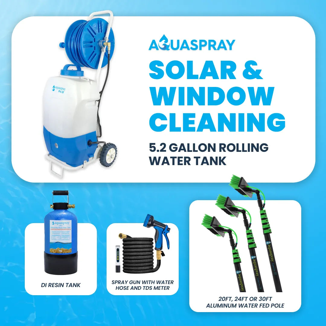 AquaSpray Pro 20 Water Pumping Tank – Battery-powered, 5.2 Gallon Capacity with DI Resin Tank and Aluminum Water Fed Pole for Window and Solar Panel Cleaning