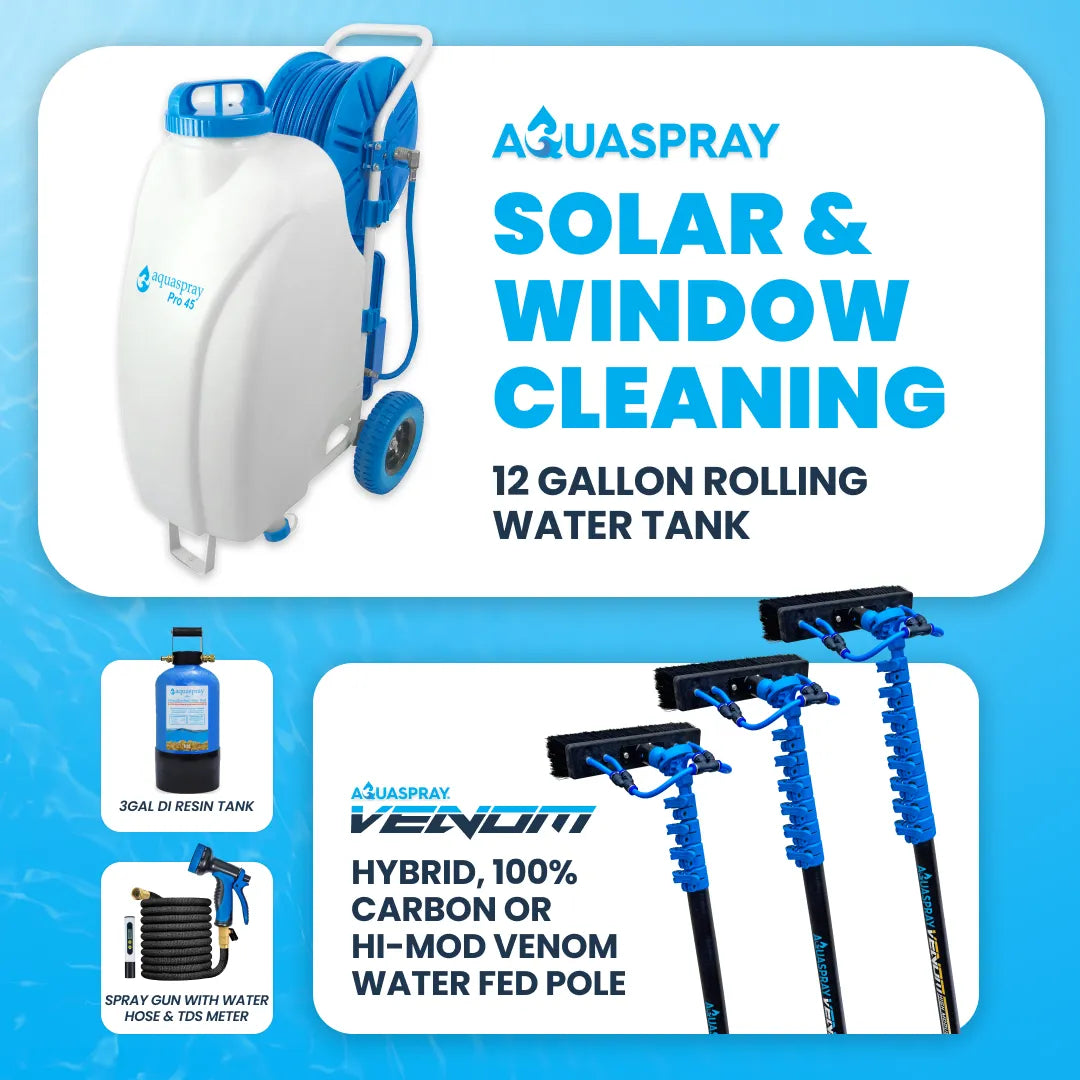 AquaSpray Pro45 12 Gallon Rolling Water Tank, 3 Gallon Resin Tank and Venom Water Fed Pole for Window and Solar Panel Cleaning
