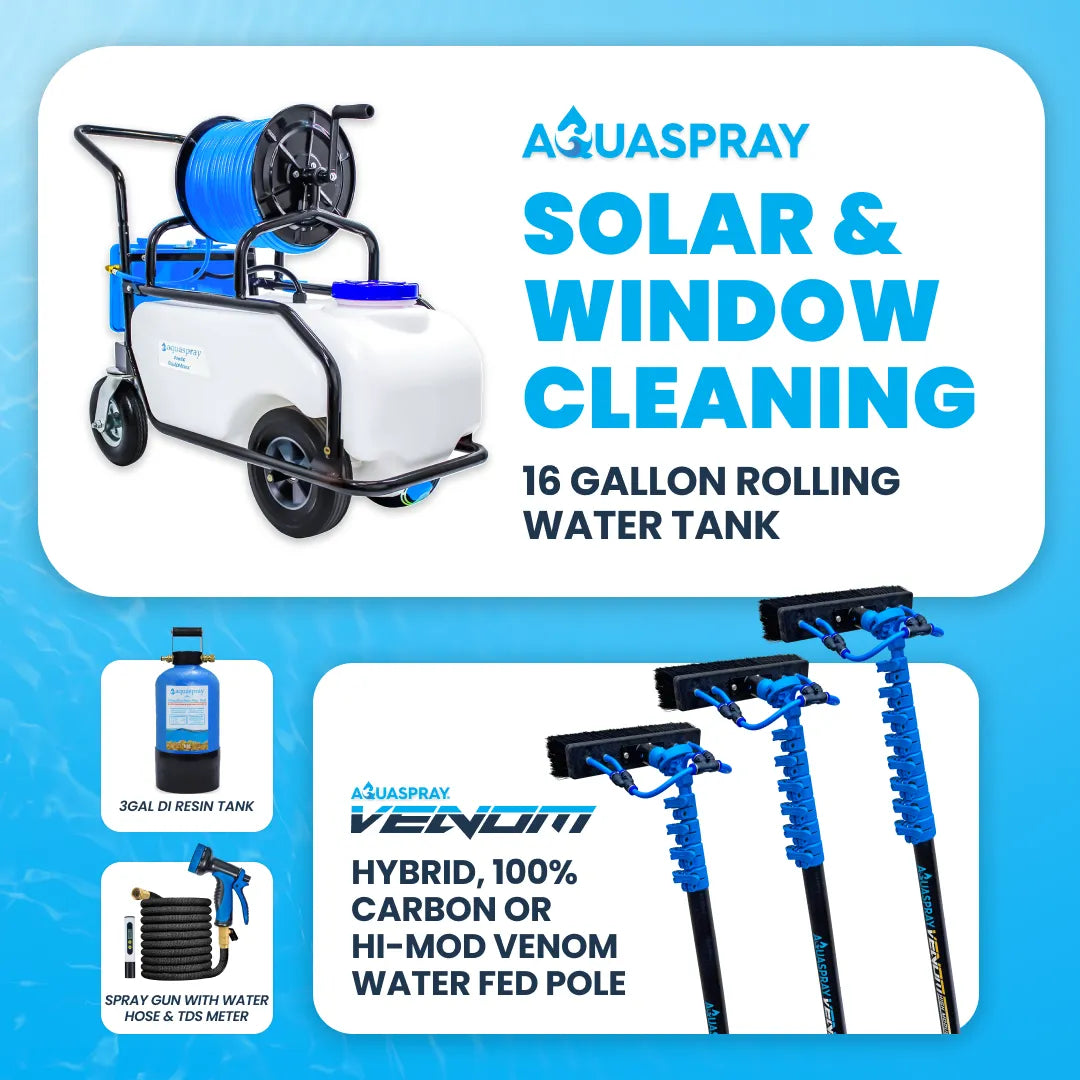 AquaSpray Pro60 16 Gallon Rolling Water Tank, 3 Gallon Resin Tank and Venom Water Fed Pole for Window and Solar Panel Cleaning