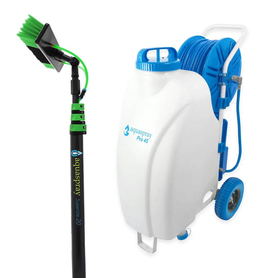 AquaSpray Pro45 Rolling 12 Gallon Water Tank with Aluminum Water Fed Pole for Window and Solar Panel Cleaning