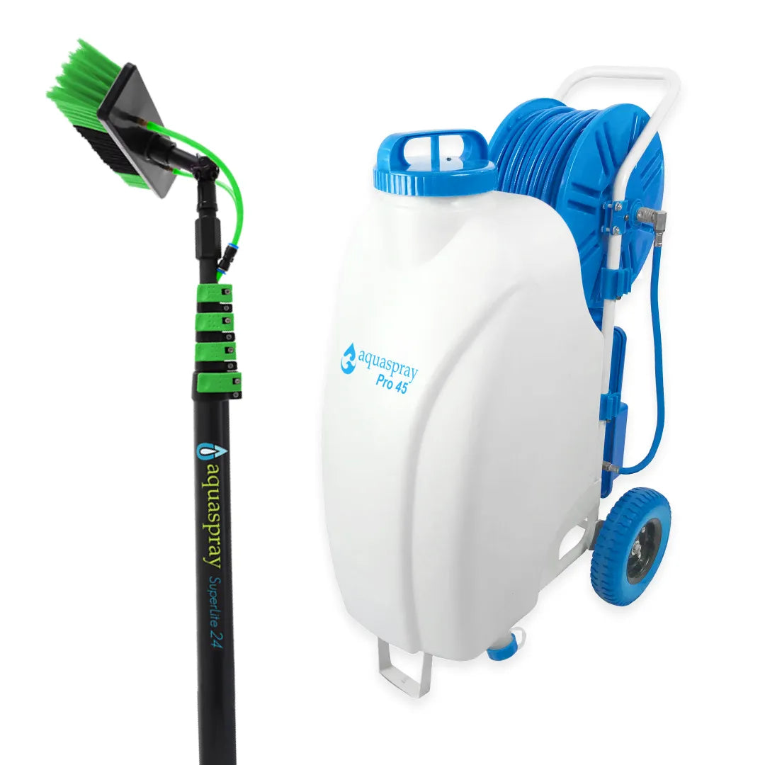 AquaSpray Pro45 Rolling 12 Gallon Water Tank with Aluminum Water Fed Pole for Window and Solar Panel Cleaning