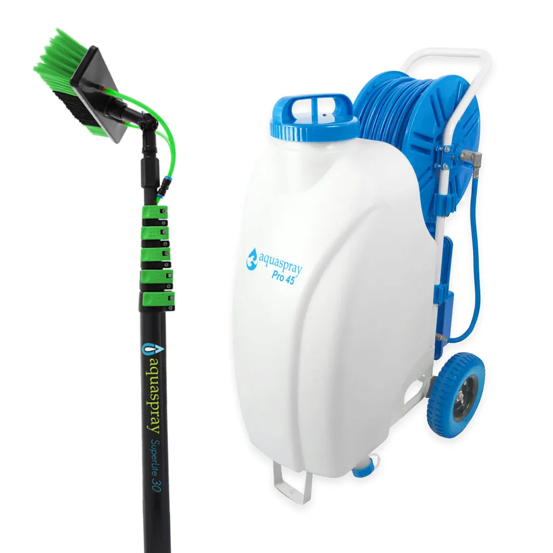 AquaSpray Pro45 Rolling 12 Gallon Water Tank with Aluminum Water Fed Pole for Window and Solar Panel Cleaning