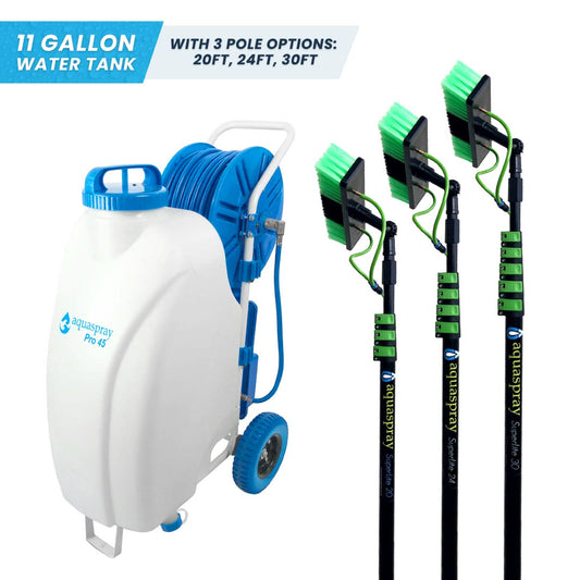 AquaSpray Pro45 product bundle, featuring an 11-gallon portable water tank and a three water fed poles options, 20ft, 24ft, 30ft.