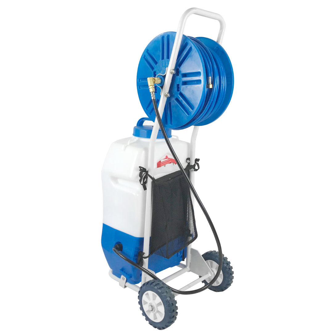 AquaSpray Pro20 rear angle view, showcasing the trolley frame with blue wheels, a detachable hose reel and storage bag.