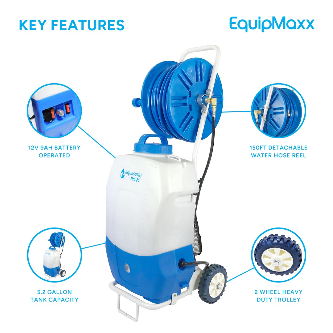 Product feature highlighting the Pro20s 12V 9AH battery, 150ft detachable hose reel, and two-wheel heavy-duty trolley design.