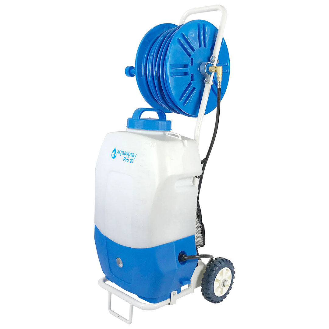 Side profile view of AquaSpray Pro20, showcasing a white 5.2-gallon tank mounted on a two wheel trolley for easy maneuverability.