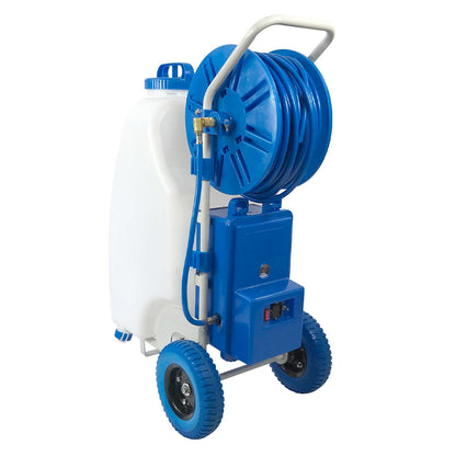 AquaSpray Pro45 rear angle view, showcasing the blue trolley frame with wheels, a hose reel and a control panel with switches.