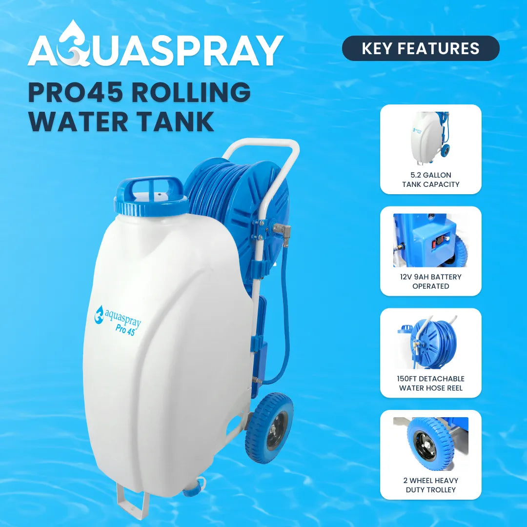 Product feature highlighting the Pro45s 12V 9AH battery, 150ft detachable hose reel, and two-wheel heavy-duty trolley design.