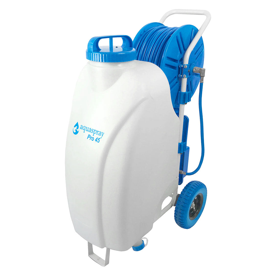  Side profile view of AquaSpray Pro45, showcasing a white 11-gallon tank mounted on a two wheel trolley for easy maneuverability.