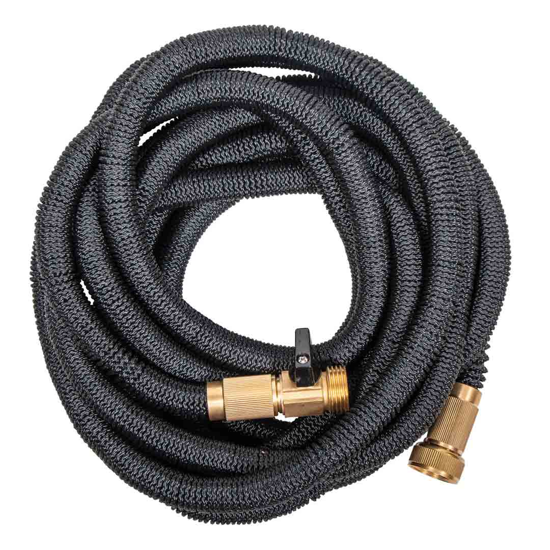 Overhead view of a black water hose, showcasing its braided, durable design with brass connectors and an integrated shutoff valve.