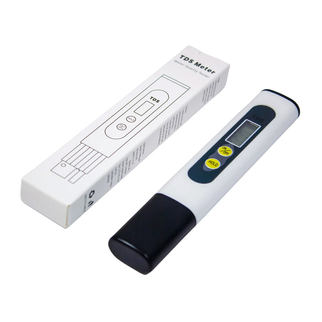 TDS Meter - Diagonal view alongside its packaging.