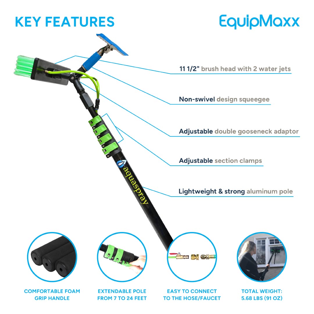 Key features infographic of the 24ft Aluminum Water Fed Pole with Squeegee