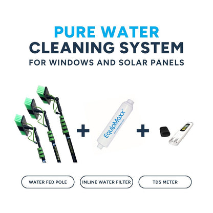 Infographic of the Pure Water System featuring the Water Fed Pole, Inline filter and tds meter designed for cleaning windows and solar panels.