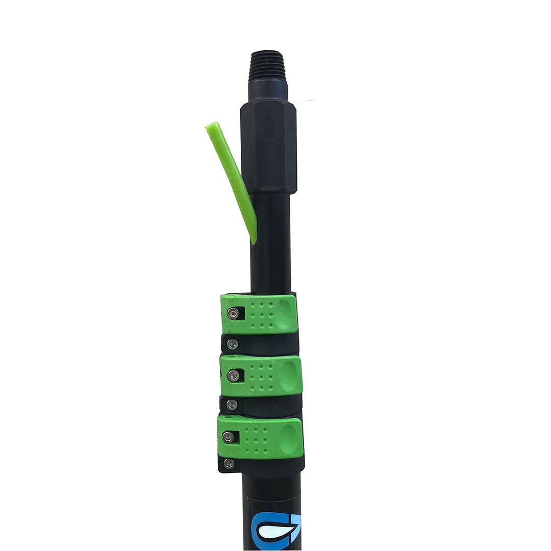 Aluminum Waterfed Pole Adjustable clamps and green hose nozzle closed-up view.
