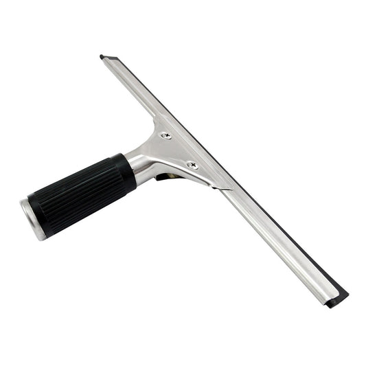 Front detailed view of the Window Squeegee, showcasing its aluminum frame, durable black handle, and flat rubber blade for streak-free cleaning.