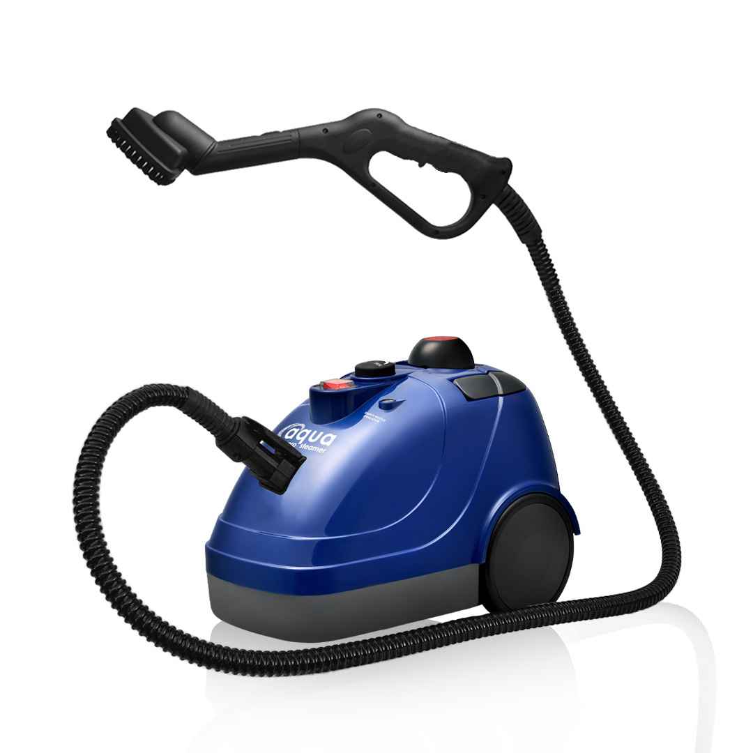 Compact Aqua Pro Steamer featuring a blue body, eazyroll wheels and a triangle brush brush connected to the trigger and hose.