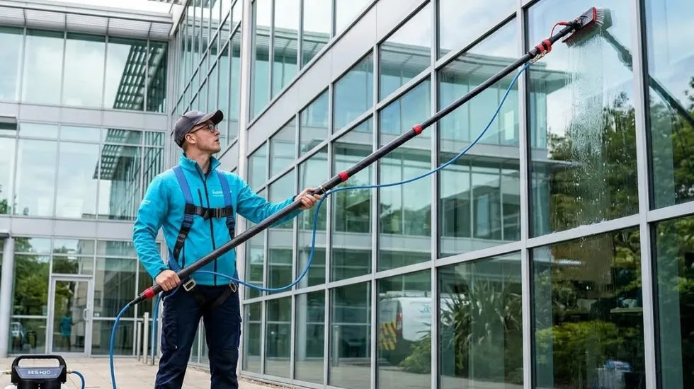 Professional cleaner in a blue uniform uses a long carbon water fed pole with brush and hose to clean high exterior windows on a modern commercial building.