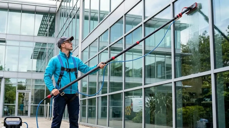Professional cleaner in a blue uniform uses a long carbon water fed pole with brush and hose to clean high exterior windows on a modern commercial building.