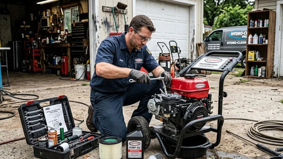Technician performing pressure washer maintenance in a driveway, with tools, hoses, pump oil, and replacement parts laid out beside the machine