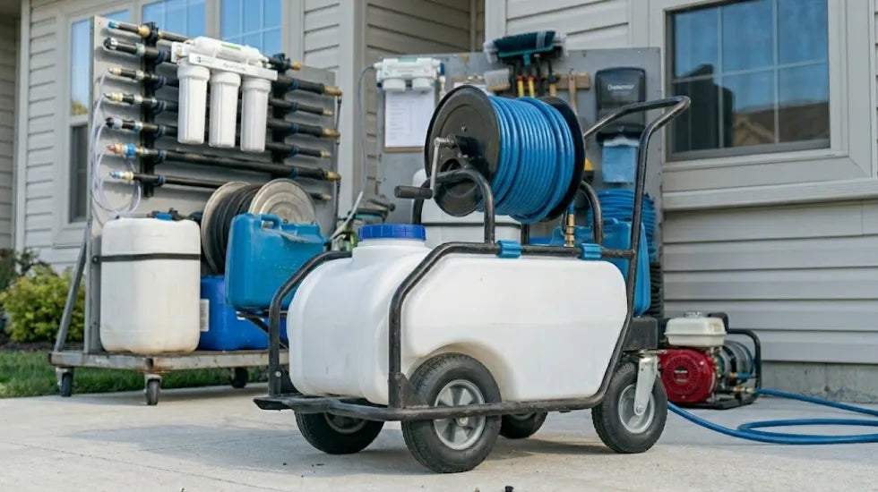Rolling water tank with hose reel and exterior cleaning equipment set up in a residential driveway for water fed pole and window cleaning jobs.