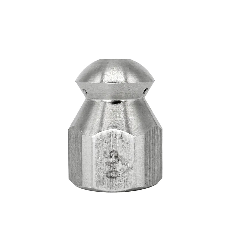 Drain Jetting Nozzle - 1/4" NPT Female, 5500 PSI, 045 Orifice, upright front view showing silver faceted body and side jet openings