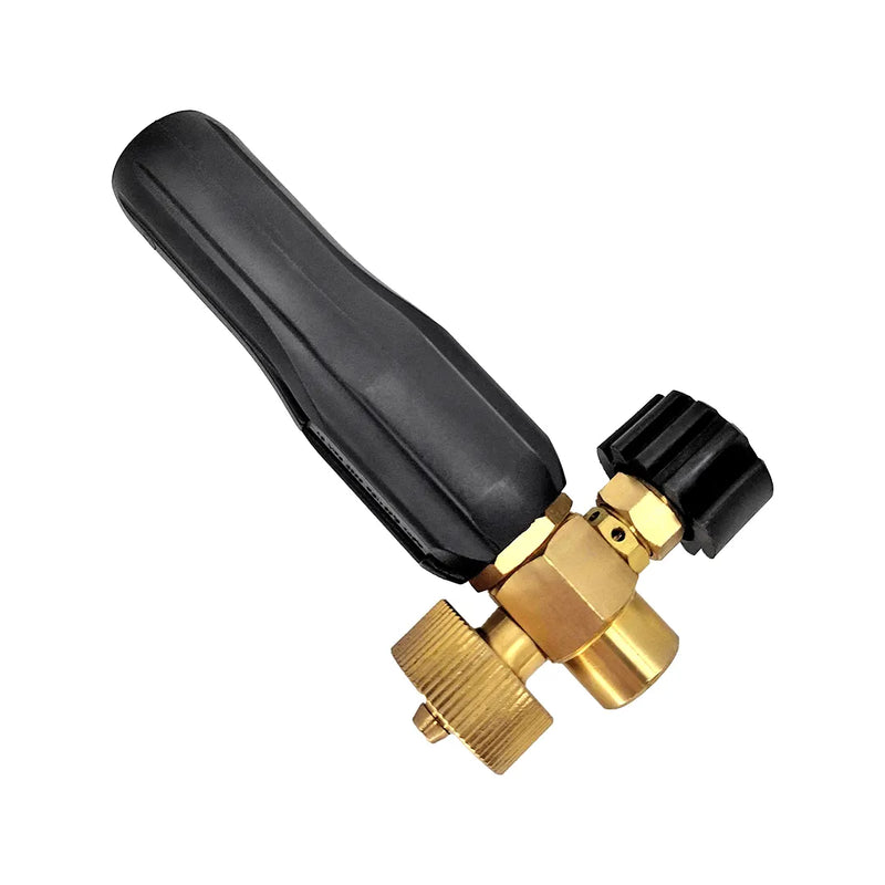 Pressure Washer Foam Lance Head 1/4" Female NPT. Top angled view showing brass body and black plastic casing.