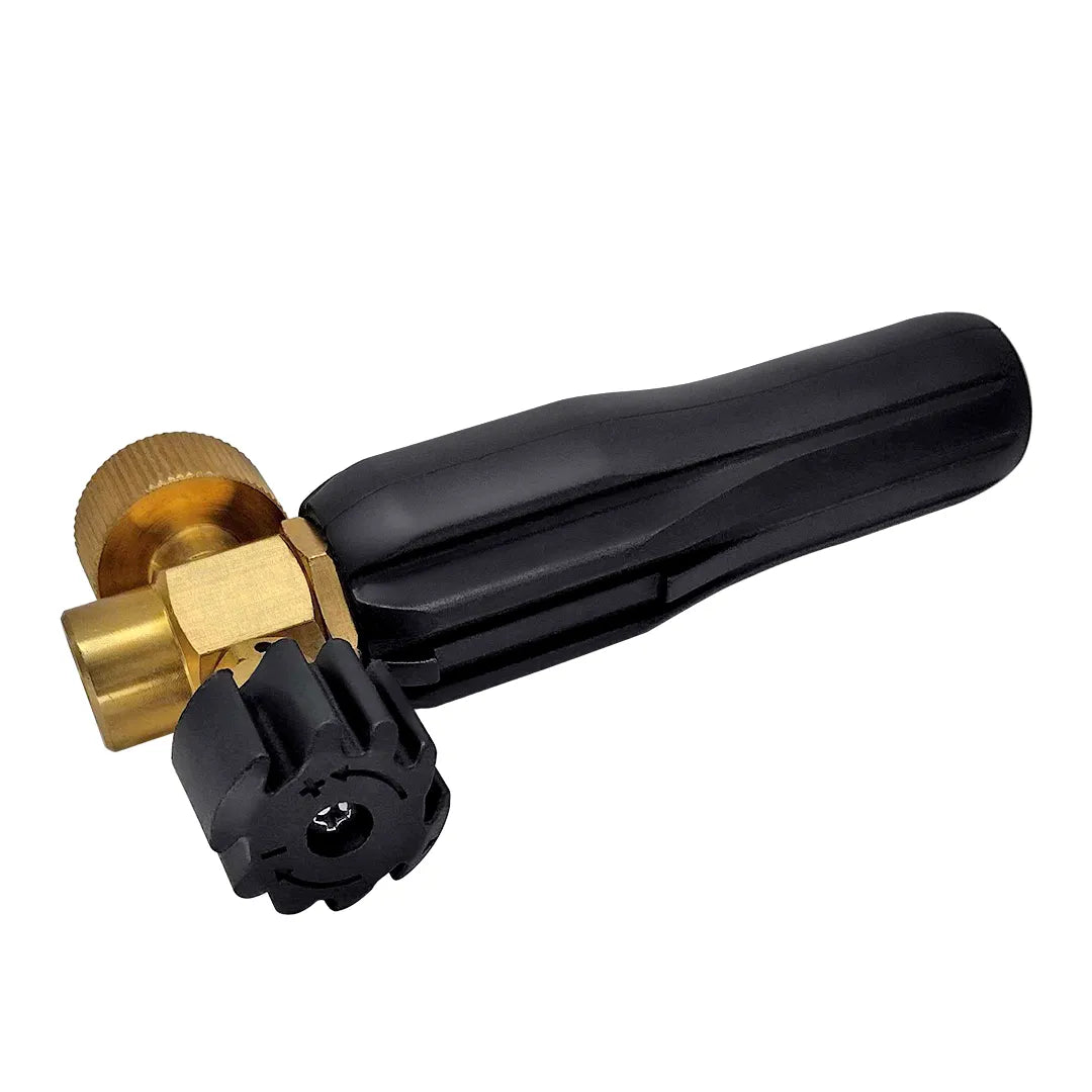 Pressure Washer Foam Lance Head 1/4" Female NPT. Top view emphasizing black adjustment knob with +/- symbols.