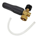 Pressure Washer Foam Lance Head 1/4" Female NPT. Brass nozzle displayed alongside a clear plastic bottle tube.