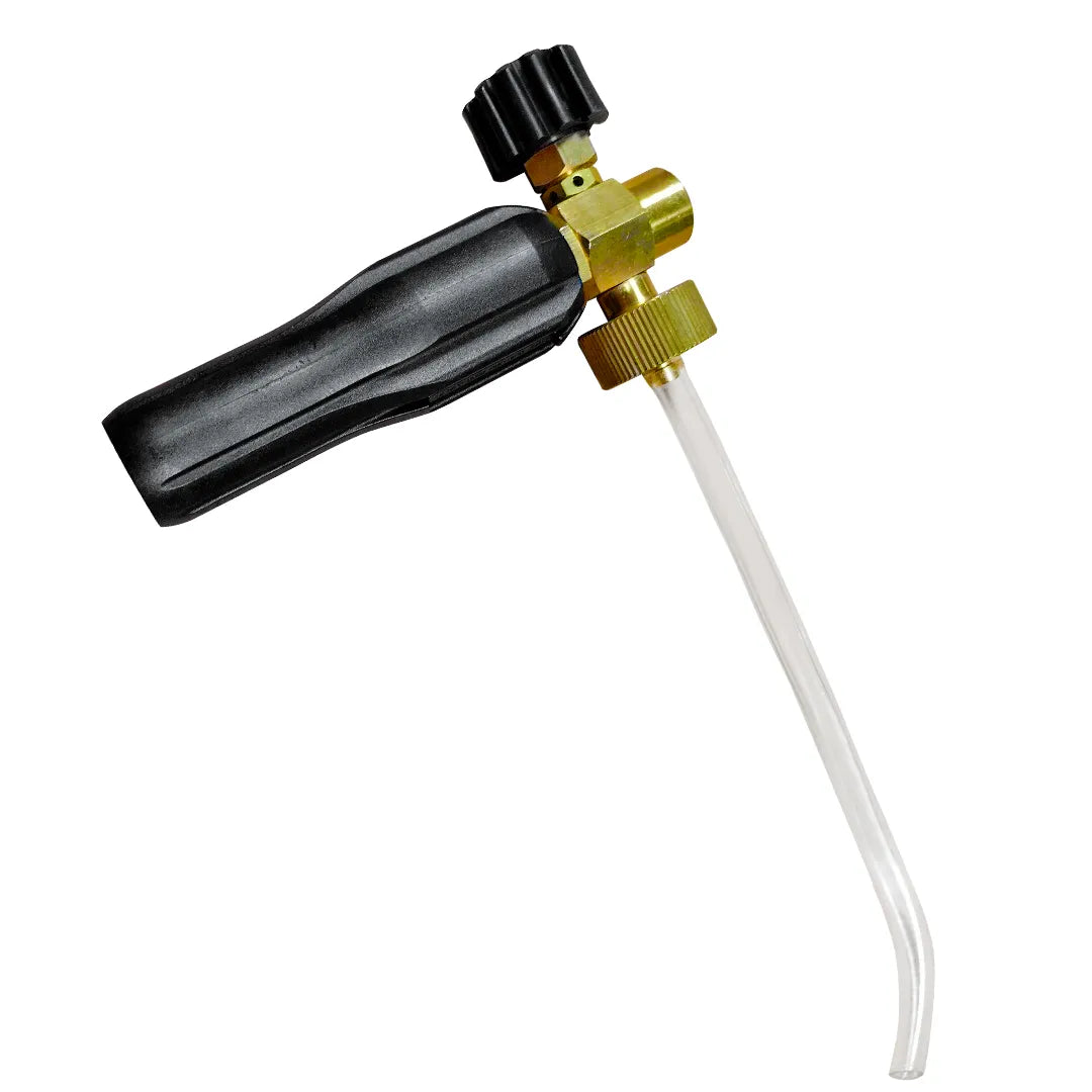 Pressure Washer Foam Lance Head 1/4" Female NPT. Brass nozzle with clear plastic bottle tube attached to the base.