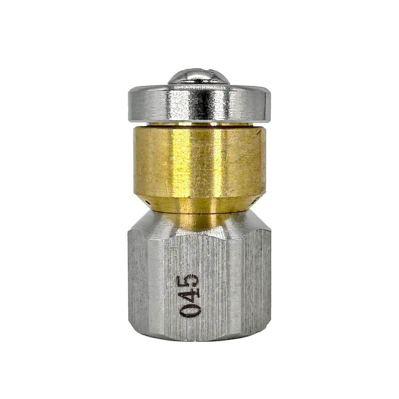 Spinning Jetting for Drain Line Cleaning - 1/4" NPT, 4000 PSI, 045 Orifice, front view showing silver hex base, brass center and spinning cap