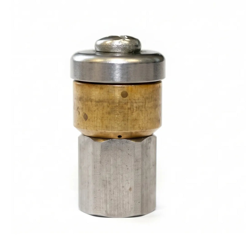 Spinning Drain Line Nozzle - 1/8" NPT, 4000 PSI Rating, 045 Orifice, upright front view showing a silver hex base, brass spinner and round silver cap
