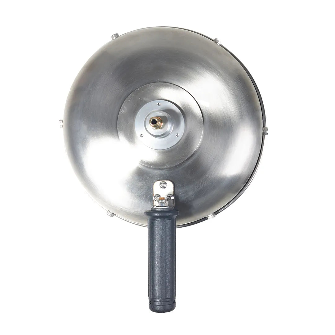Top-down view of a 12 inch rotary surface cleaner highlighting the circular stainless steel dome and center fitting.