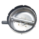 Bottom view of a 12 inch rotary surface cleaner showing the rotating metal spray bar and outer bristle skirt.