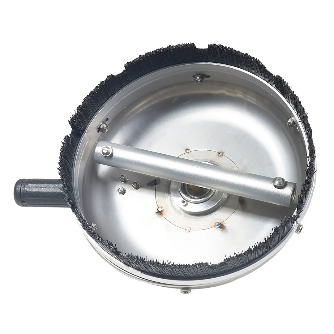 Bottom view of a 12 inch rotary surface cleaner showing the rotating metal spray bar and outer bristle skirt.